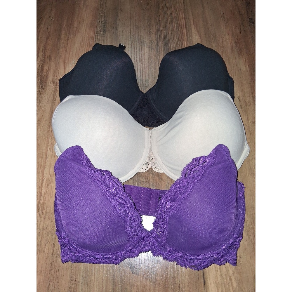 Natori Bra Bundle 32D Purple Black Beige Lace Underwire T-Shirt Bra Set 3 Pack - Picture 1 of 16